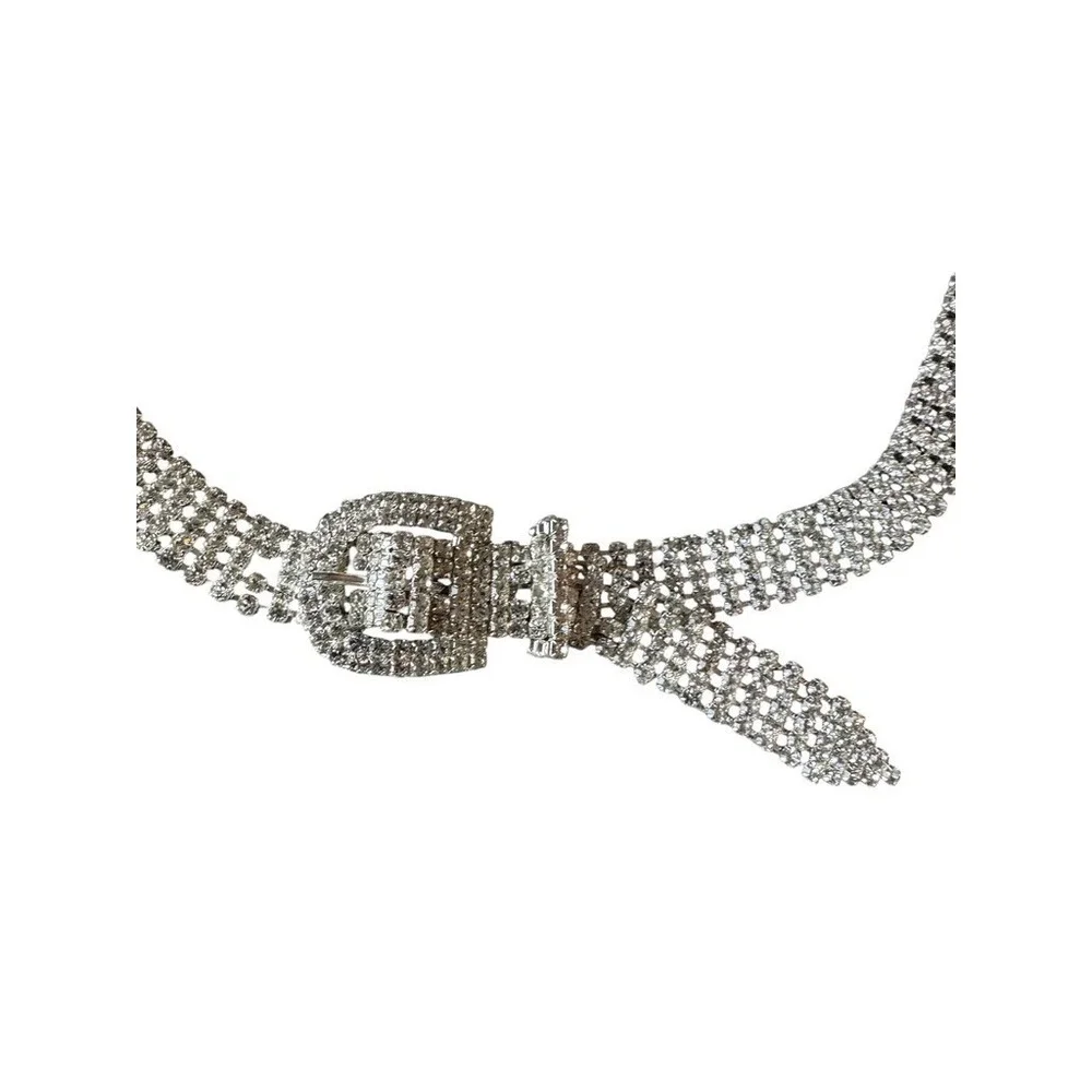 Vintage Rhinestone Crystal Wide Mesh Chain Belt Women One Size Silver Glam Y2K